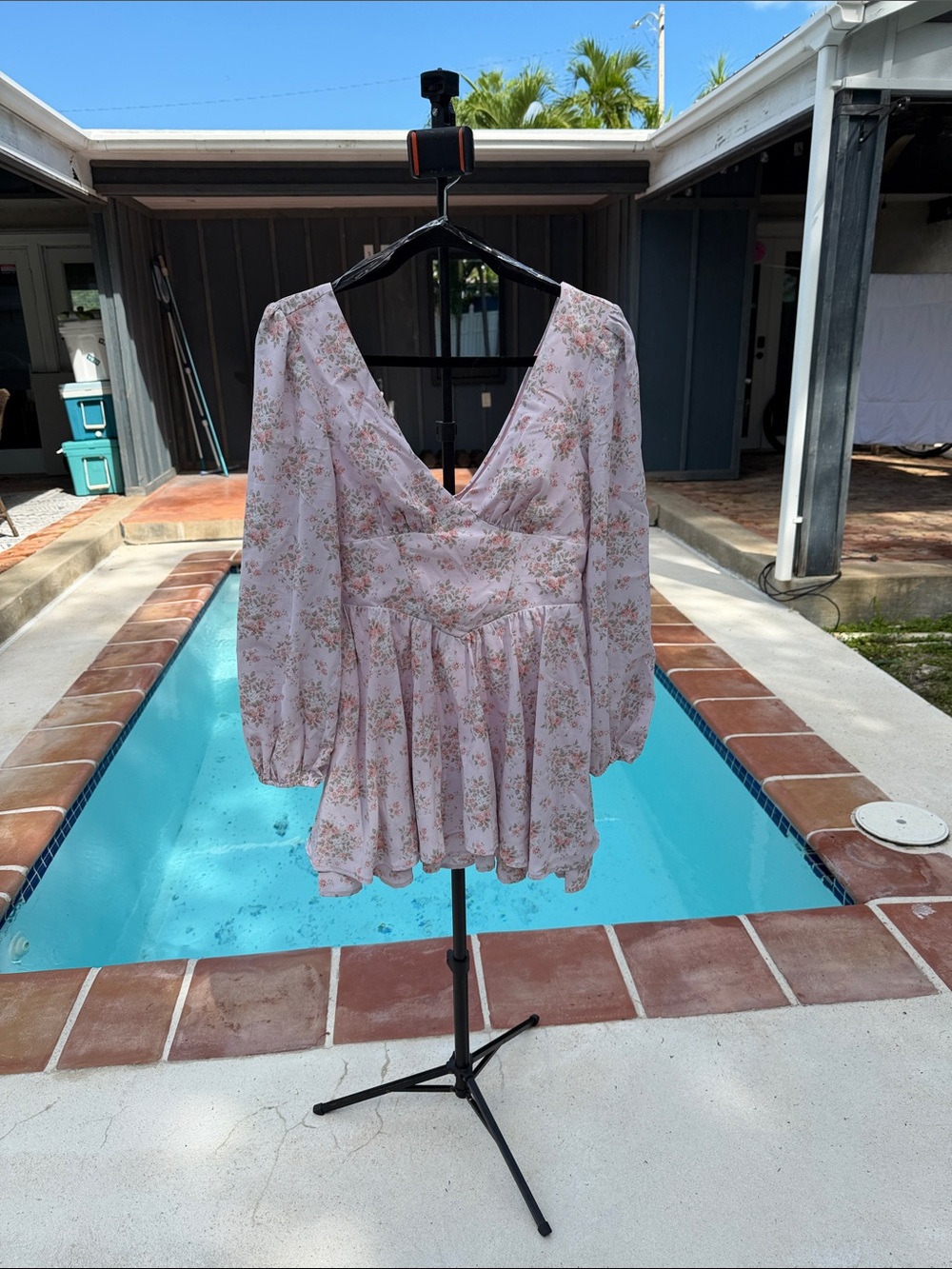 Floral V-Neck Long Sleeve Babydoll Mini Dress - Pink